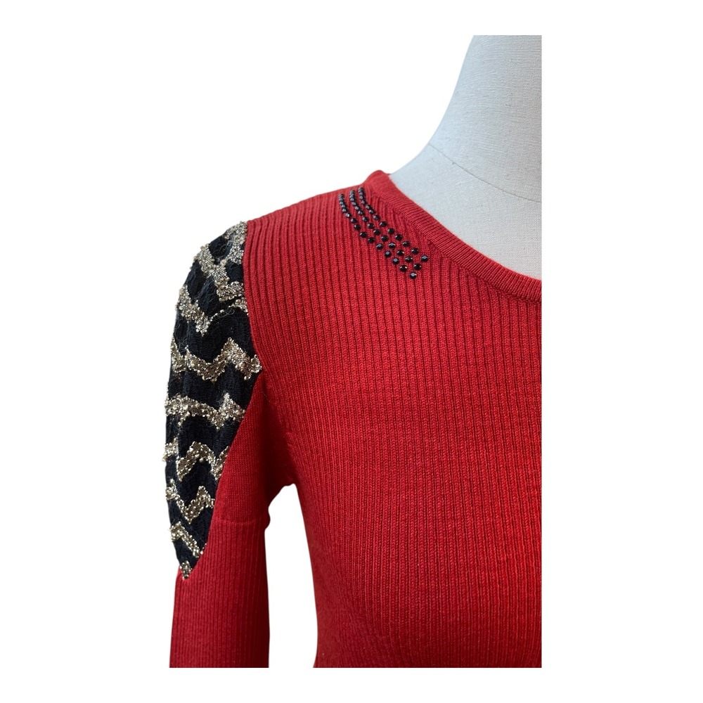 Red Ribbed Long Sleeve Knit Bodycon Mini Dress w/ Embellished Chevron Shoulders - Picture 3 of 6